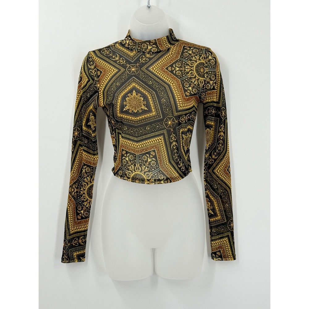 Sheer Mesh Crop Top Womens S Gold Medallion Scarf Print Y2K Clubwear euro glam